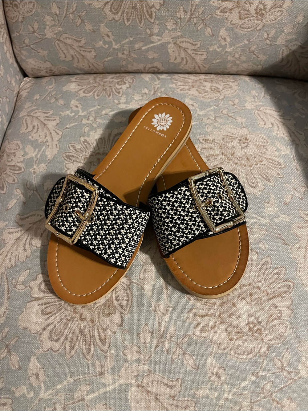 Yellow Box Helden Black & White Woven Slide with Gold Buckle